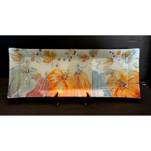 Fall Harvest Pumpkins Glass Serving Tray by Primo Designs 16” - Picture 1 of 5